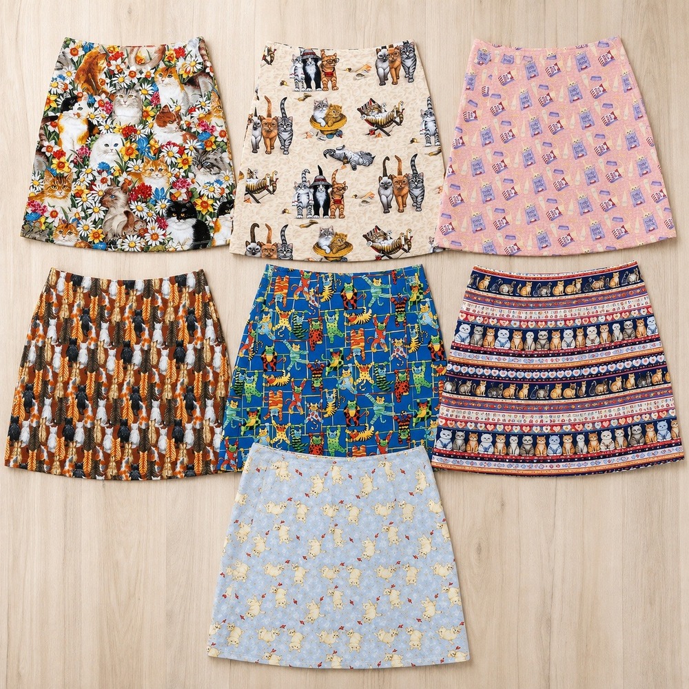 Handmade Cat Lady Mini Skirt 7 Piece Lot Small Multicolor Novelty Kitsch Kitten